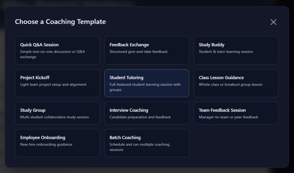 Coaching Wizard template picker with study, tutoring, and onboarding options