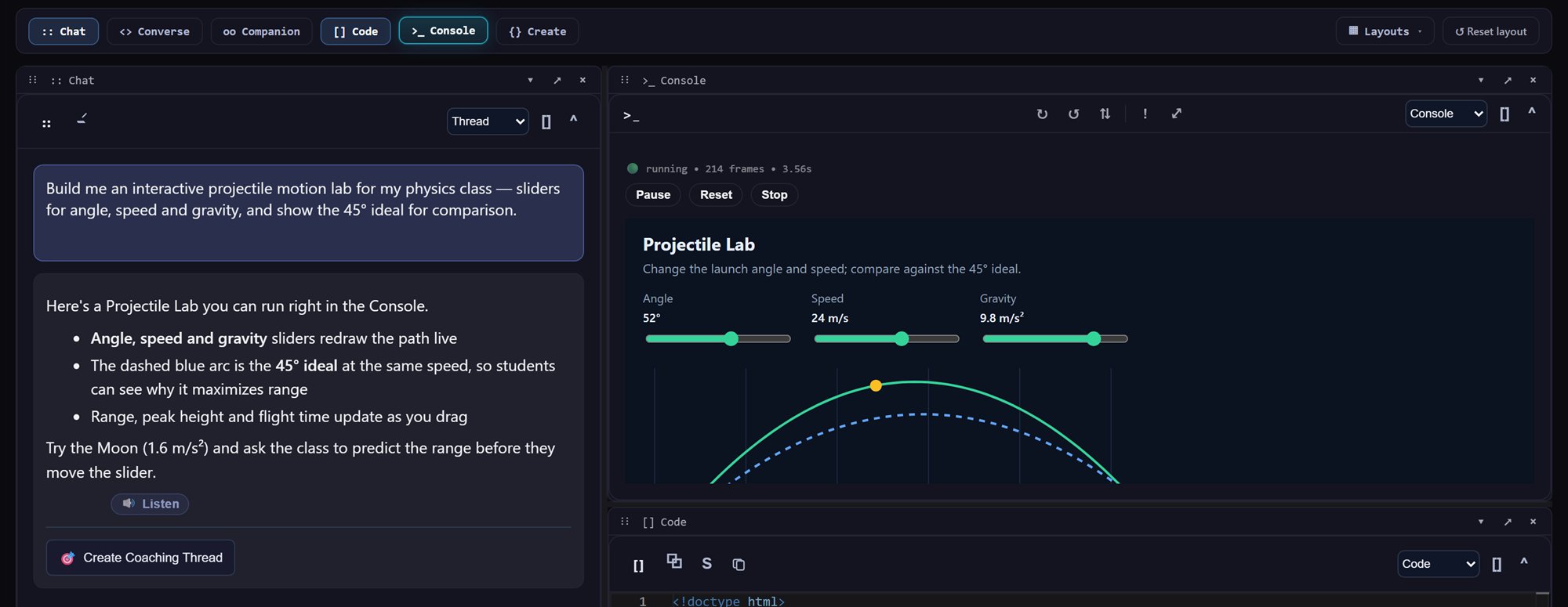 Workspace with Chat, Console and Code side by side: a request for a projectile motion lab, the answer, and the lab running live with angle, speed and gravity sliders