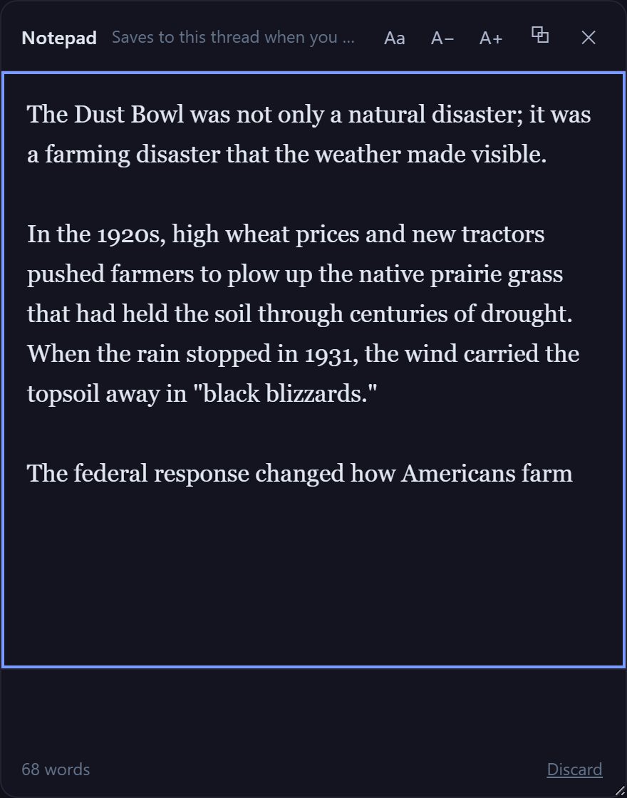 Notepad open mid-draft on an essay about the Dust Bowl, with a live word count